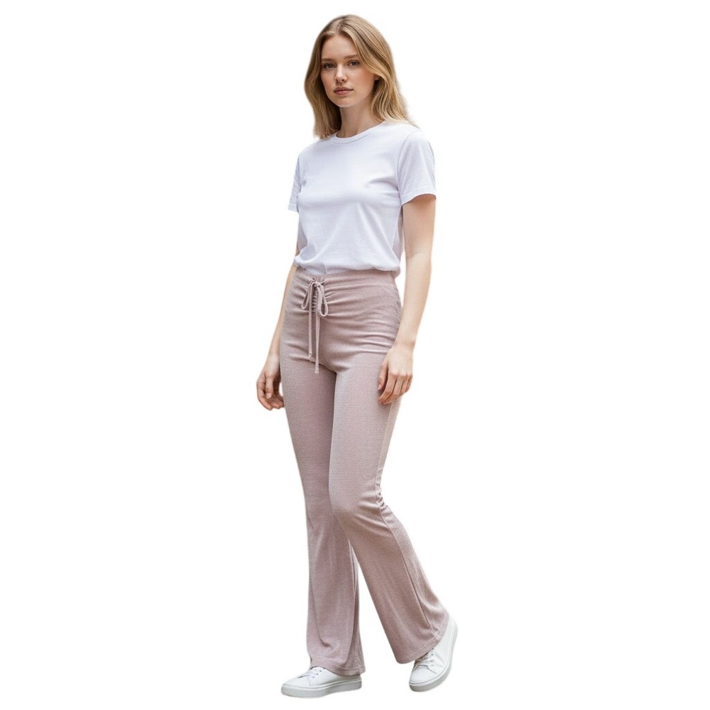 Womens High Waisted Ruched Flare Pants Mauve Shimmer Metallic Bell Bottoms
